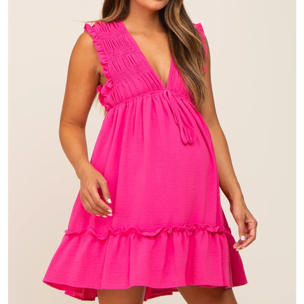 Fuchsia Smocked Ruffle Accent Maternity
Dress